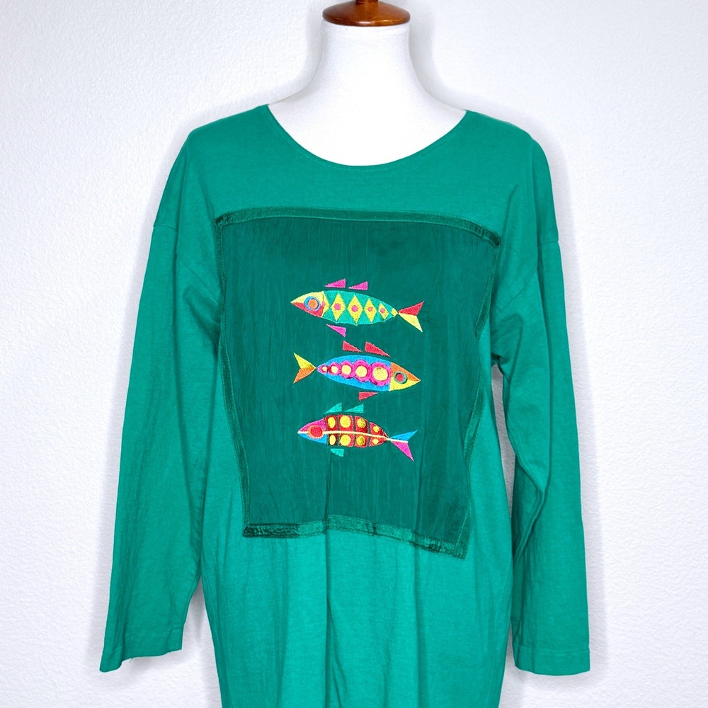 JOHNNY WAS T-Shirt Maxi Dress MED Long Sleeve‎ Embroidered Fish Kelly Green - Picture 2 of 12